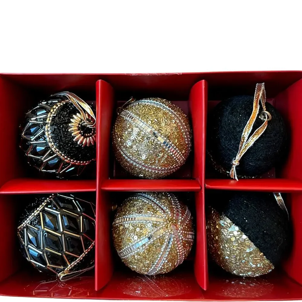 BELLA LUX Gold Black Beaded Christmas Ornaments 2.5in Set of 6 Holiday Glam NEW